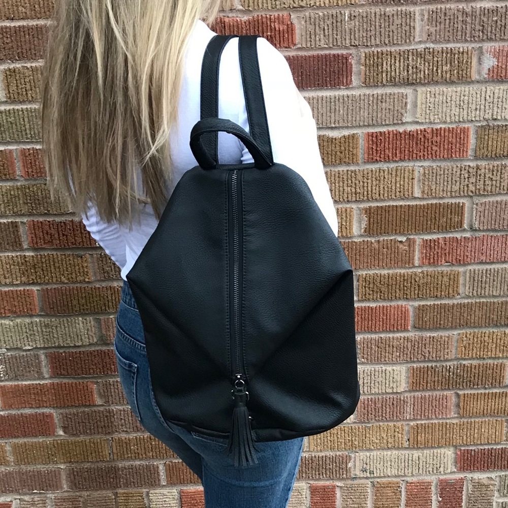 Black faux leather backpack